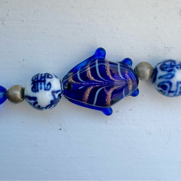 Sterling silver and blue glass and porcelain beads bracelet 8” fish beach ocean - Picture 5 of 5